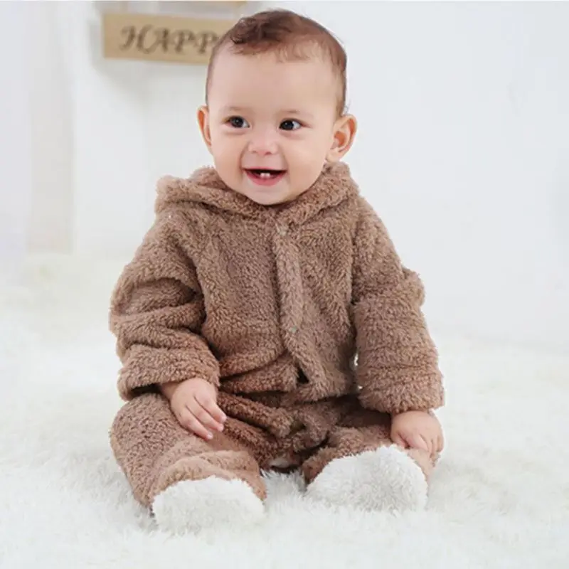 Зимняя одежда для малышей; фланелевая Одежда для маленьких мальчиков; комбинезон с объемными ушками медведя; теплые комбинезоны для новорожденных