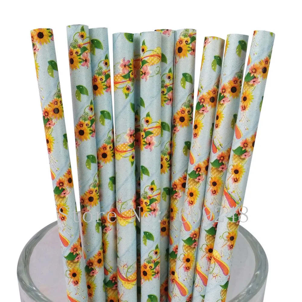 100pcs Yellow Flower Paper Straws,Light Blue Floral Paper Straws,Cheap