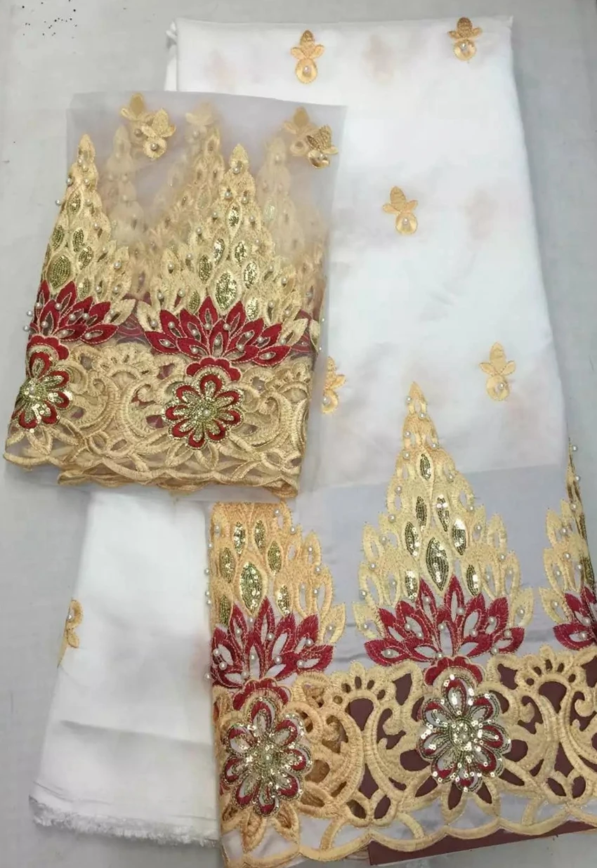 

white and gold 5yards African george fabric + 2yards French net lace sets high quality embroidery for making dress