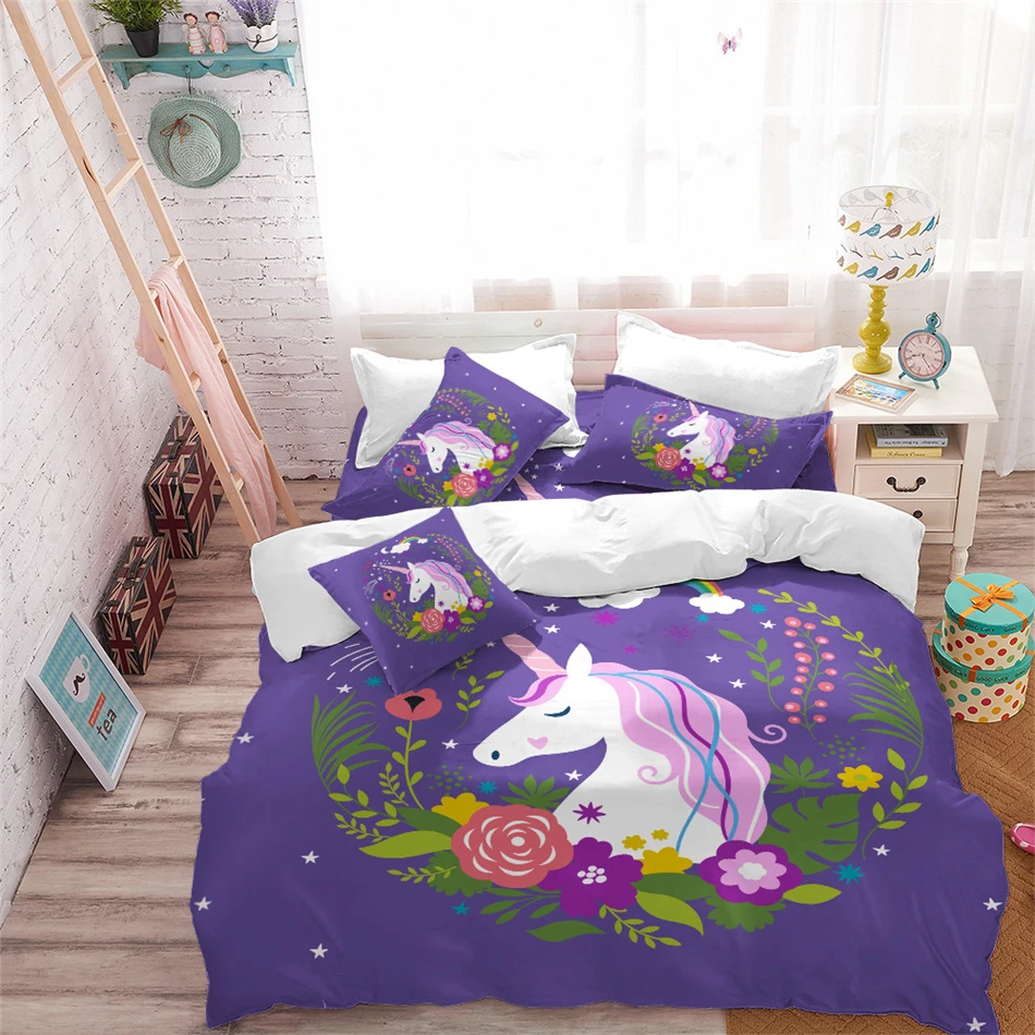 Purple Unicorn Bedding Set Sweet Cartoon Duvet Cover Set Kids Colorful