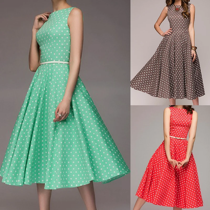 S-4XL Retro Women Polka Dot Swing Dress Elegant Sleeveless Vintage New Ladies Summer Plus Size Casual Party Dresses Vestidos