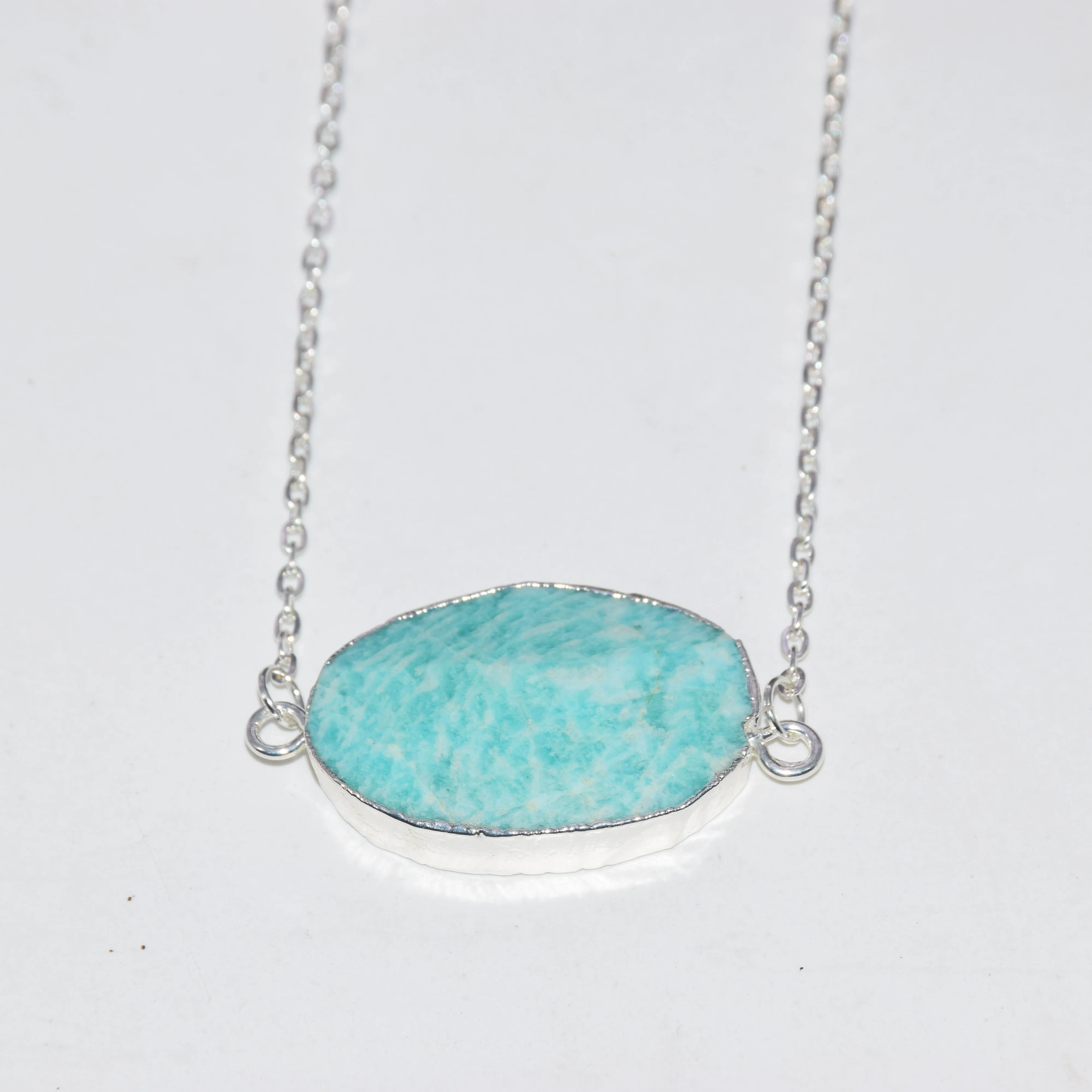 

Natural Amazonite Irregular Connector Chain Necklace Female 2019 Silver Bezel Chain Green stone charm necklace for women gift