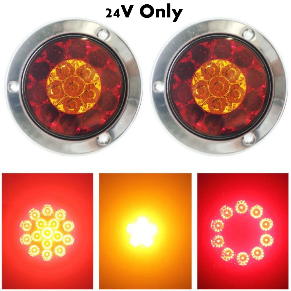 

Fuleem 2PCS 4INCH Round Chrome Ring 16LED Red and Yellow Truck Trailer Brake Stop Turn Tail Light DC 24V Universal