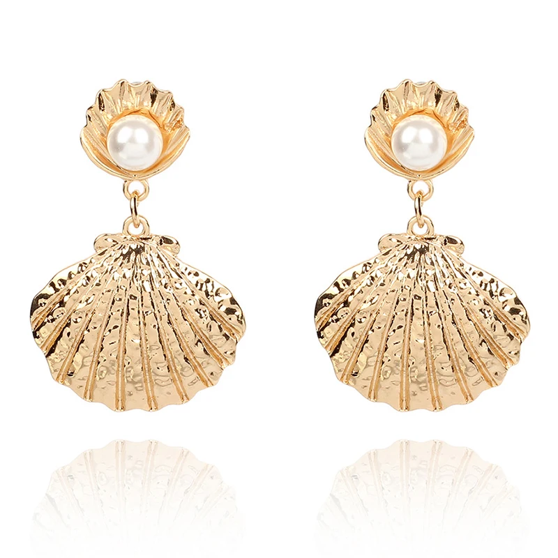 

Fashion Earrings For Women Round Pearl with Shell Metal Drop Earrings Girls Charming Bohemian Boucles d'oreilles Pour Les Femmes