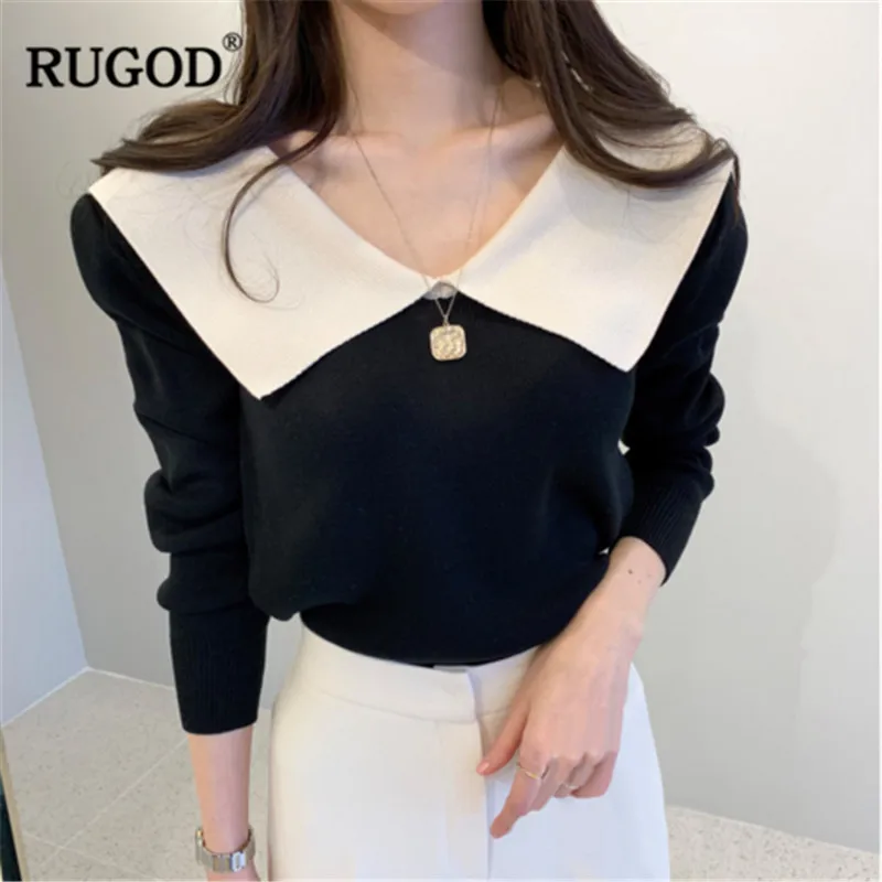 RUGOD корейский стиль, лоскутные женские свитера, воротник Питер Пэн, длинный рукав, тонкий вязаный пуловер, зимняя одежда для женщин, malhas senhora