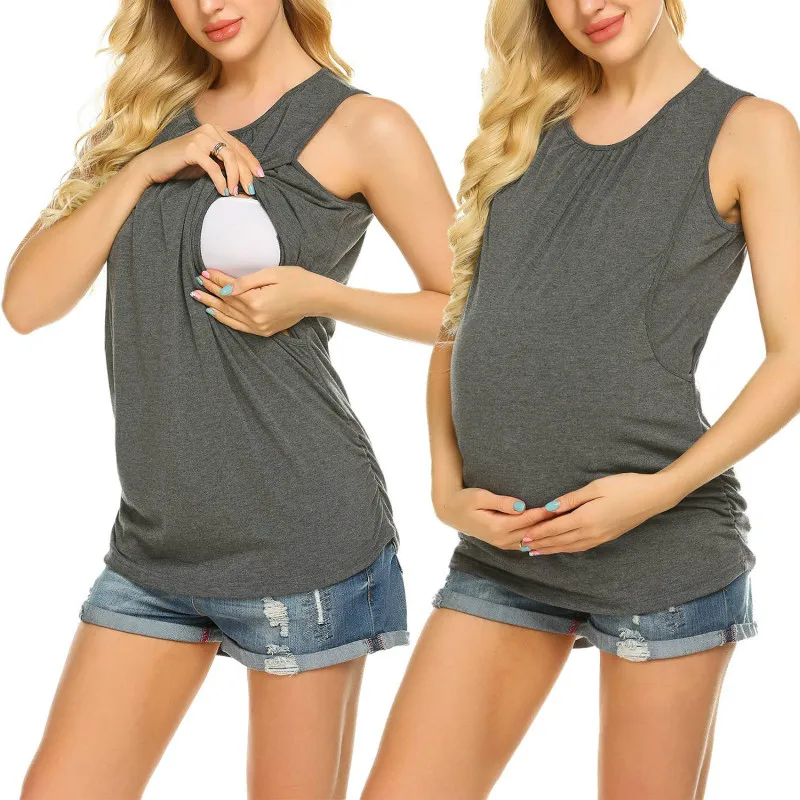 

Women's Maternity Nursing Top Breastfeeding Tank Tee Shirt Double Layer Sleeveless Soft Stretch Vest Pregnancy Shirts Dropship