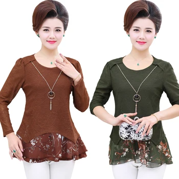 

Office Lady Women Long Sleeve Spring T-Shirt Female Mother Plus Size Slim O-Neck Pullover Tee Shirts Femme Clothing Floral Tops