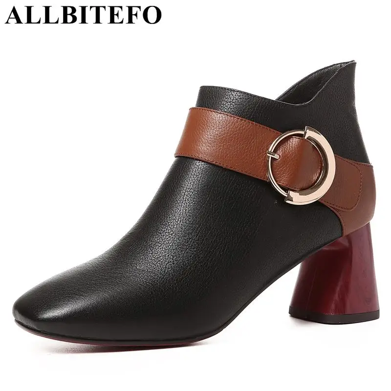 

ALLBITEFO hot sale genuine leather thick heel women boots new winter snow boots high heels ankle boots women girls shoes
