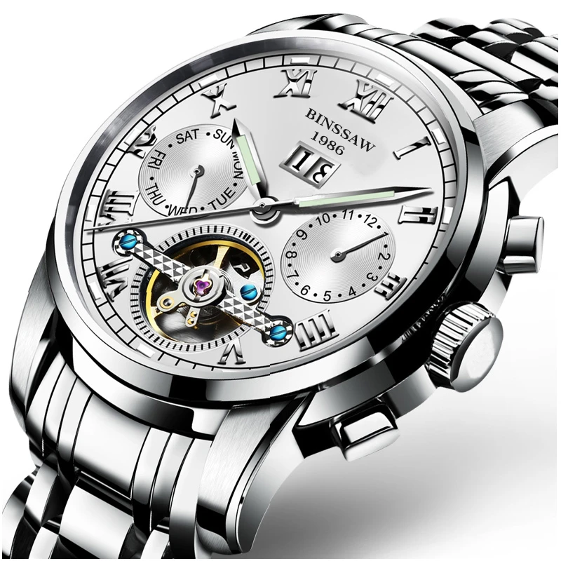

Binssaw Luxury Brand Business Watch Men Silver Stainless Steel Tourbillon Roman Design Automatic Watches Men Wristwatch