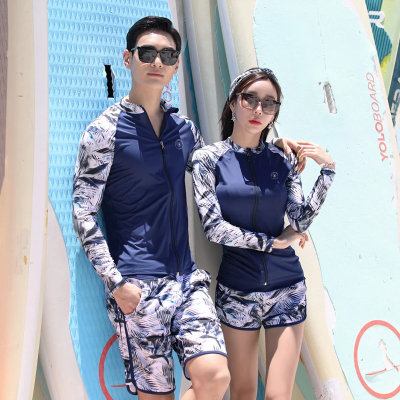 

2019 Rash Guards Men Women 2 Pieces Long Sleeve Jacket Shorts Couples Swimwear Surfing Bathing Suits Beach Wear Rashguard