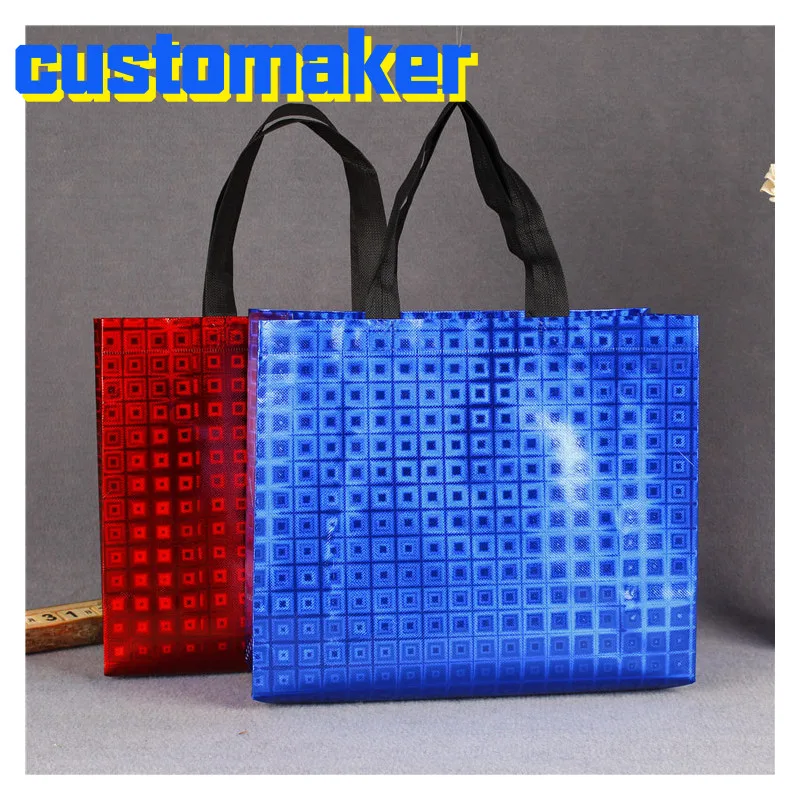 

Wholesale 500pcs/lot Custom Silver Laser Lamination Non Woven Shopping Bags with Logo Printed Advertising Tote Bags