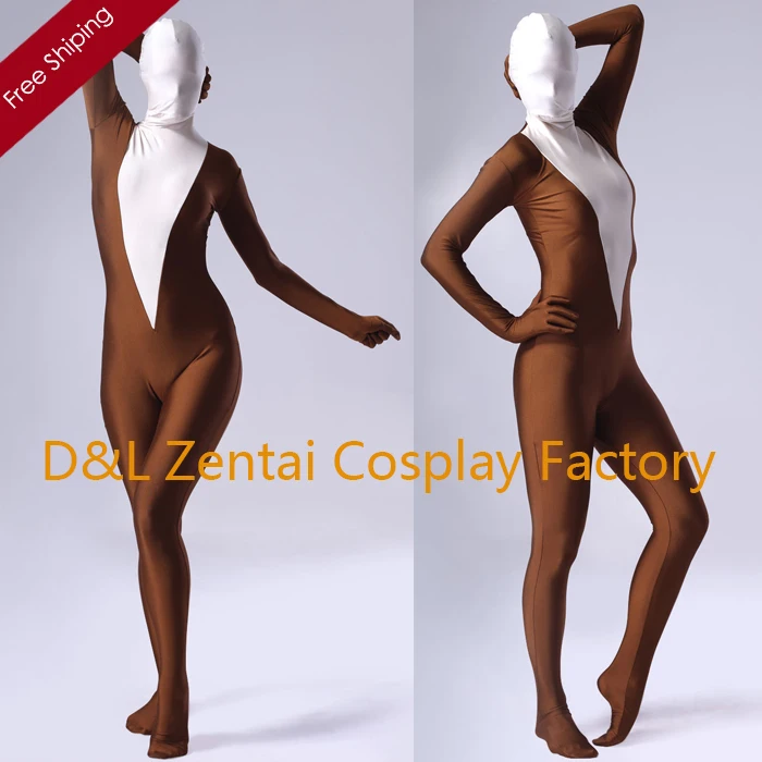 Free Shipping DHL Sexy font b Women b font Coffee And White Lycra Spandex Zentai Suits