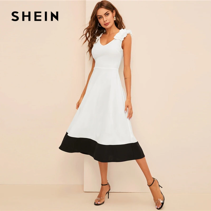 SHEIN Контрастное Платье С Молнией Сзади Женское Белое Элегантное V Образным