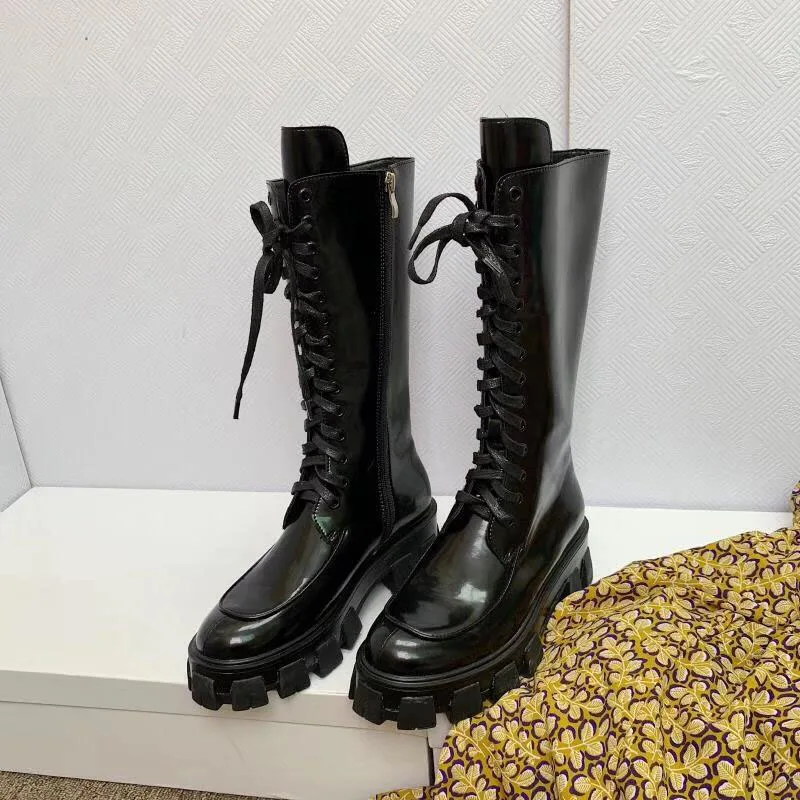 

2019 New Boots Women Patent Leather Autumn Winter Shoes Woman Mid-Calf Women Shoes Thick Bottom Boots Hot Designer Botas Mujer