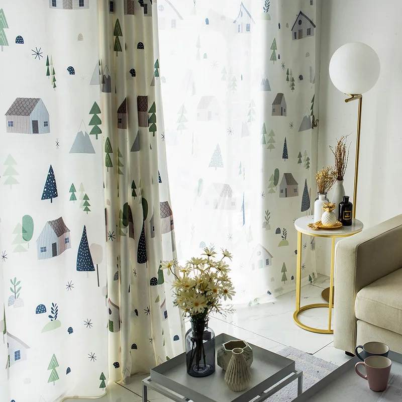 

1PC Simple Modern Nordic Curtains for Living Room Cartoon House Curtain for Bedroom Children's Room Cotton Hemp Kids Curtains
