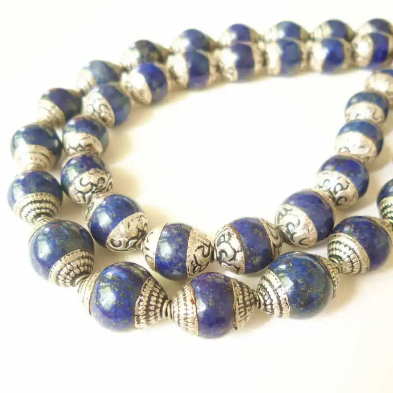 

TSB0533 Tibetan Silver Capped Lapis Lazuli Beads Wholesale Nepal Handmade loose beads 50 beads lot Free Ship