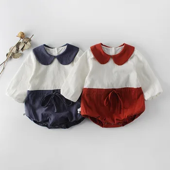 

New Baby Girls Simple Peter Pan Collar Rompers With Hats Candy Blue Red Color Toddler Infant Kids Cute Clothes