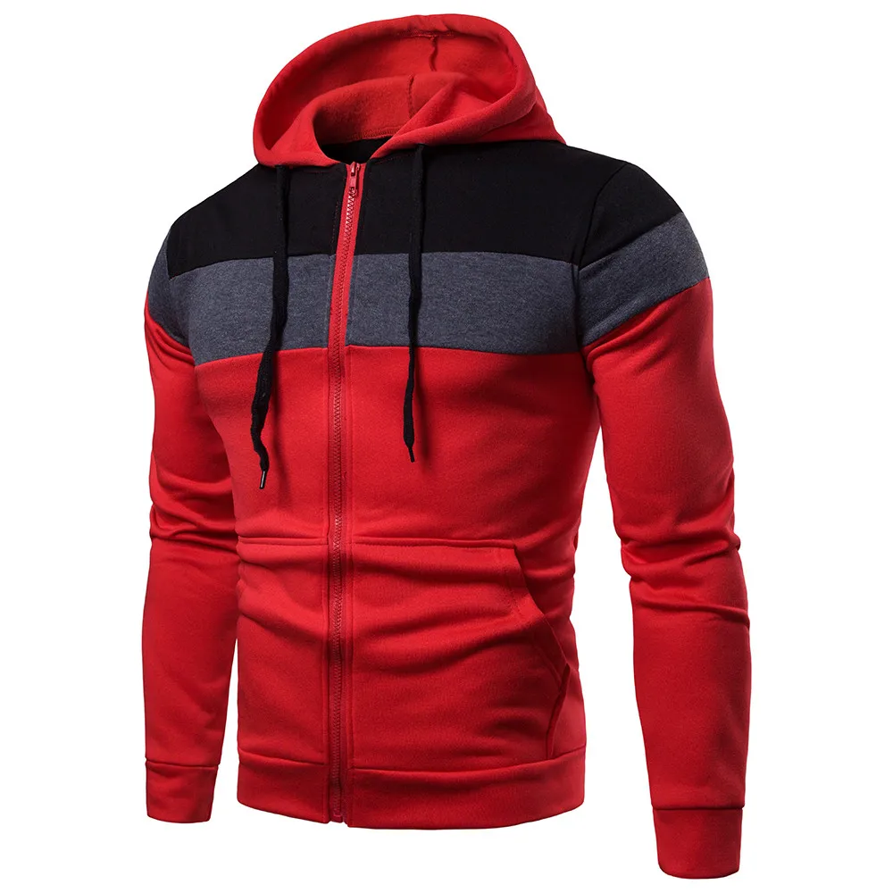 Men‘s Long Sleeve Hoodies Sweatshirt Autumn Winter Patchwork Zipper Tracksuits Streetwear Sweatshirt Hoodies Poleron Hombre - Цвет: Red