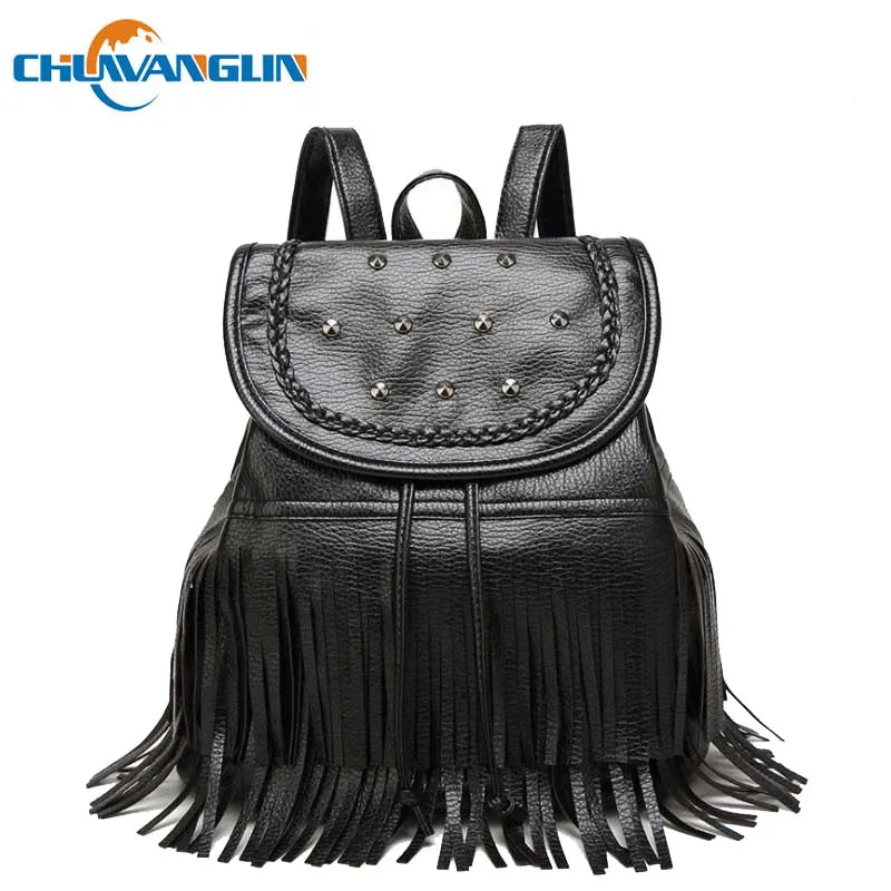 Chuwanglin кисточкой женские кожаные рюкзаки модные повседневные заклепки дорожные