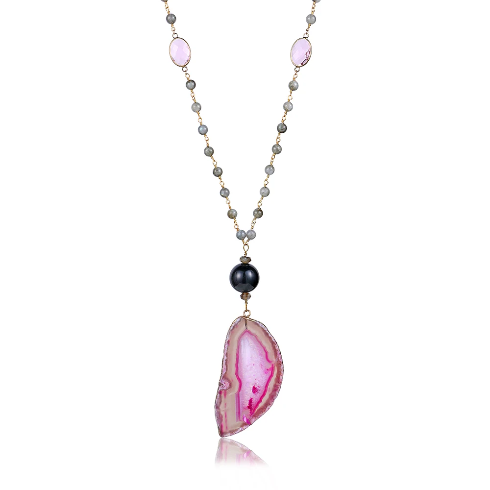 Богемный розовый ожерелье с агатом натуральный Лабрадорит бусы ожерелья с тематикой йоги черный обсидиан кристаллические подвески для