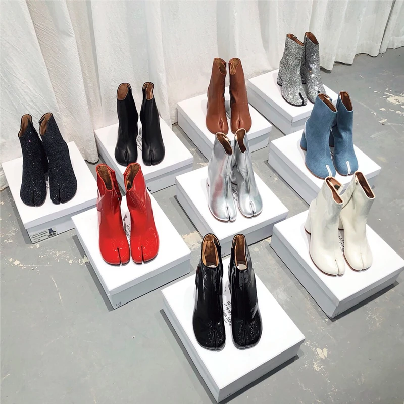 

Denim Blue Brown Red New Colors Tabi Boots Chunky High Heels Real Leather Autumn Winter Women Boots Ankle Boots