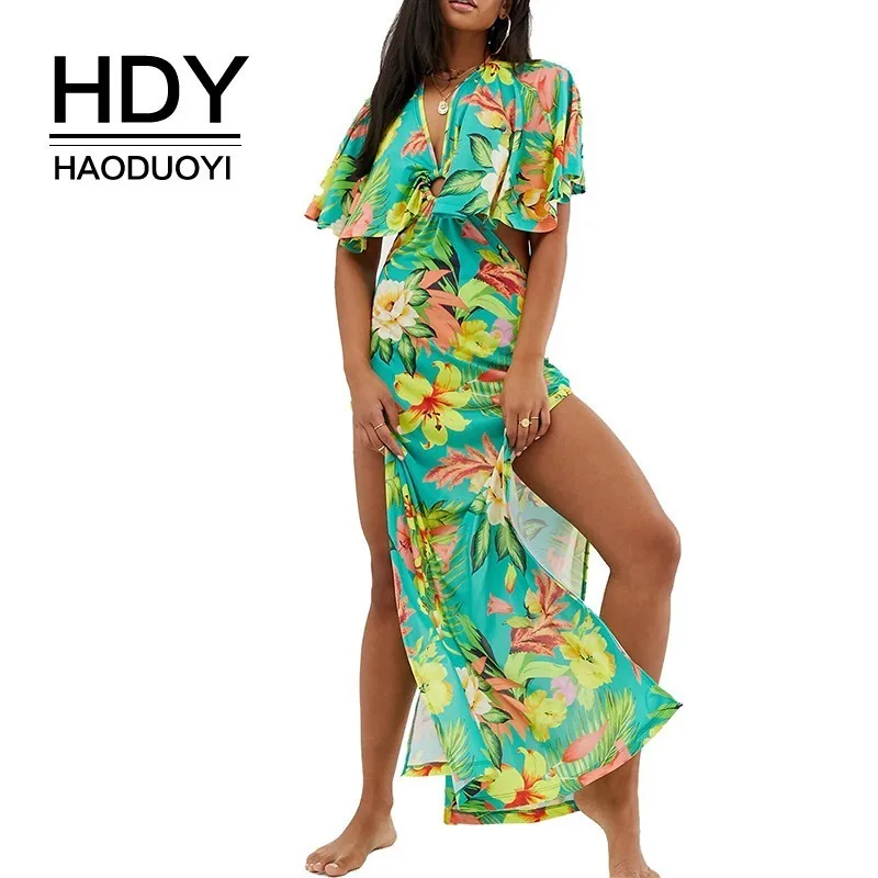 Женское платье HDY Haoduoyi Пляжное с цветочным принтом и треугольным вырезом лето