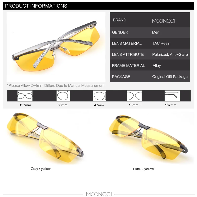 MOONCCI классические очки ночного видения для мужчин Поляризованные без оправы желтые Солнцезащитные очки Мужские HD ночного вождения очки солнцезащитные очки Gafas
