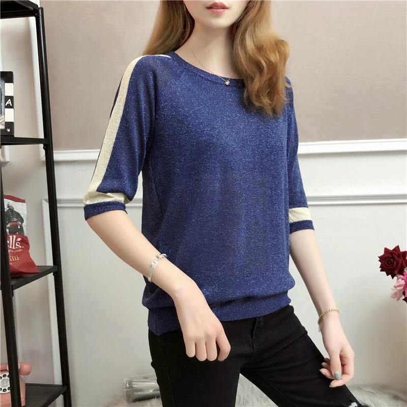 

2019 new women's clothing flashing ice silk shirt t-shirt female loose fashion casual seven-point sleeves thin T-shirt