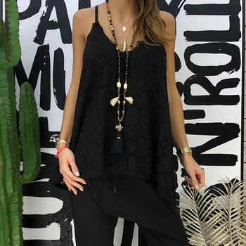 

Women's fashion tee shirt tshirt casual t-shirts t-shirt outwear hot sales 2019 Summer Lace V Neck Sleeveless Solid Camisole