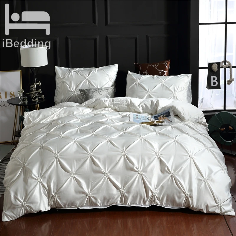 

White Luxury 100% Super Soft Washed Silk Duvet Cover Set 3Pcs/Set Pinch Pleat Brief Bedding Sets Queen King Size