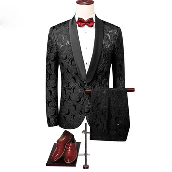 

Floral Print Suit Men 2018 Slim Fit Mens Shawl Collar Suit Black Wedding Suits For Men Plus Size 4XL 5XL Party Prom Wear