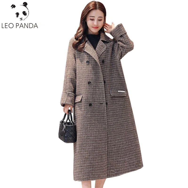 

Autumn Winter Women Coat Female Houndstooth 2019 Fashion Loose Woolen Jackets Thick Plus Size Long Woolen Coat Casual Outerwear