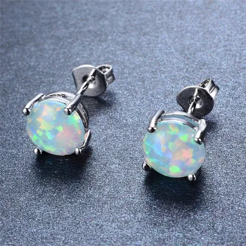 

Silver Color Four-Claw Stud Earrings for Women Fashion White/Blue/Pink/Purple Fire Opal Earrings Wedding Jewelry Ear0545