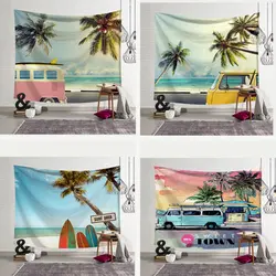 Тропический Летний Пляжный гобелен пальмовое дерево автобус голубое небо с принтом макраме ковер на стену богемное украшение настенный