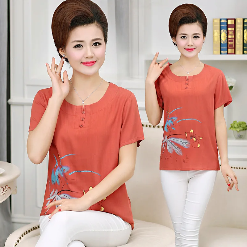 

2019 4XL Middle-aged Clothing Women's Summer large size Shirt Women short-sleeved printing Tops mother clothes loose shirt