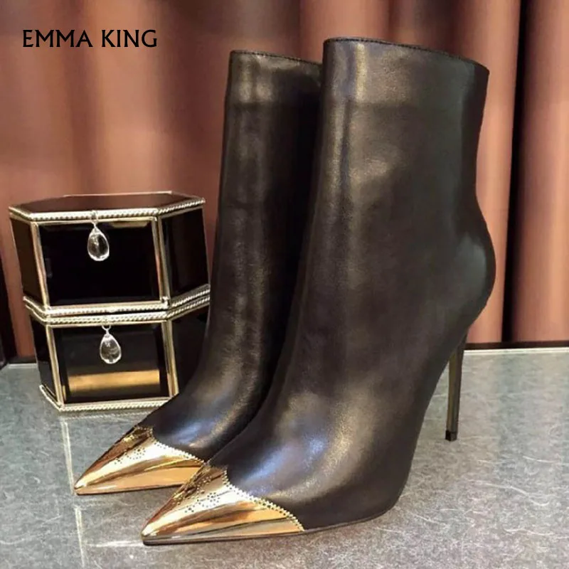 EMMA KING Sexy Black and Gold Fashion Ankle Boots Stiletto Heel Pointy Toe Booties Party Shoes Woman Large Size Botas Mujer
