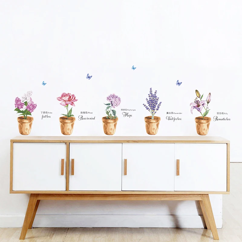 

Garden Lilac Roses Lily Lavender Wall Stickers Flower Floral Plant Butterfly Decorations Home Living Room Bedroom Decor Wall Art