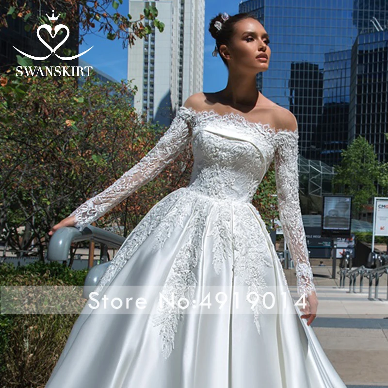 Элегантное атласное свадебное платье с аппликацией роскошное ТРАПЕЦИЕВИДНОЕ ПЛАТЬЕ с бусинами и длинным рукавом платье для невесты принцессы Vestido de Noiva F135