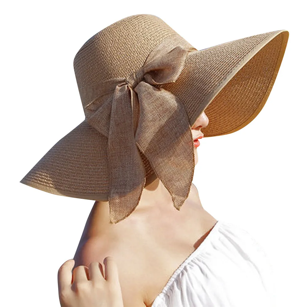 Womail женская шляпа, летняя соломенная шляпа с большими полями, широкополая шляпа от солнца, шляпы с широкими полями, новинка, бант, складная пляжная кепка, шляпа от солнца f25 - Цвет: KH