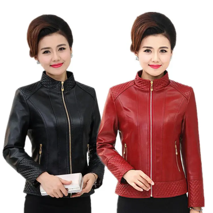 

2019 spring and autumn ladies leather short jacket mother loaded leather jacket middle-aged women's coat black 5XL size