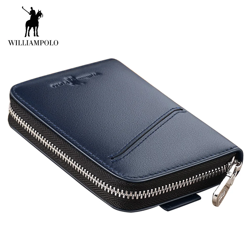 

WilliamPOLO Men Credit Card Case Holder Genuine Leather Security Travel Small Accordion Wallet Zipper Purse Coin Holder 2018 New