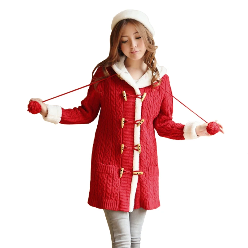 

2019 New Winter Korean Version Loose Long Section Knitted Women's Cardigan Thicken Jacket Horn Buckle Plus Velvet Sweater Female