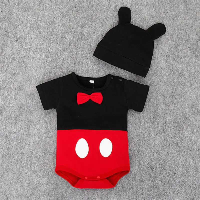 Летний детский комбинезон+ шапочка, 2 предмета, комбинезон с Микки Маусом для мальчиков и девочек, костюмы для младенцев, комплект одежды для новорожденных, милые комплекты для малышей - Цвет: QQMK