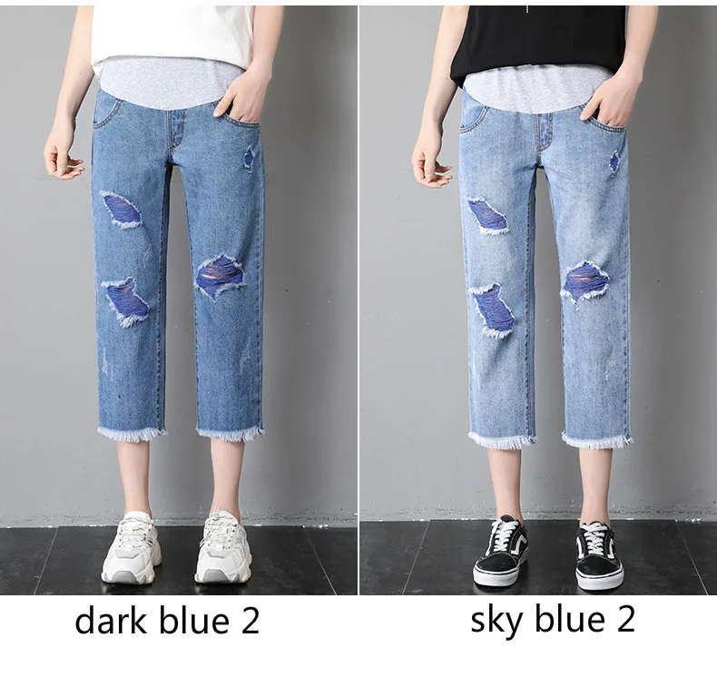 Calças de Algodão Verão Finas Mulheres Grávidas Calças Jeans Maternidade Buraco Moda Hight Cintura Gravidez Roupas Tamanho Grande 4 Mamãe e Bebê