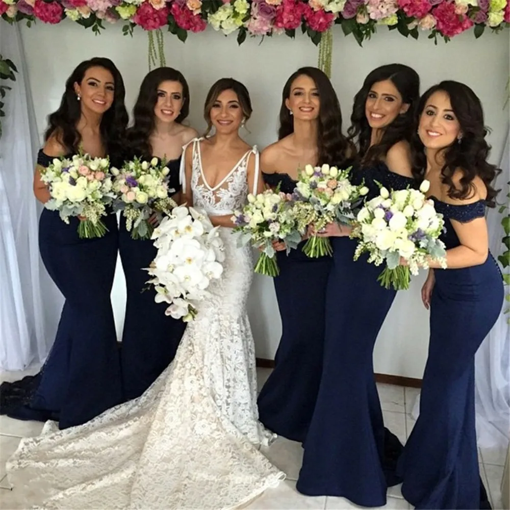 

Hot Selling Navy Blue Bridesmaid Dresses Boat Neck Off The Shoulder Mermaid Maid Of Honor Dress 2019 High Quality Women Dress