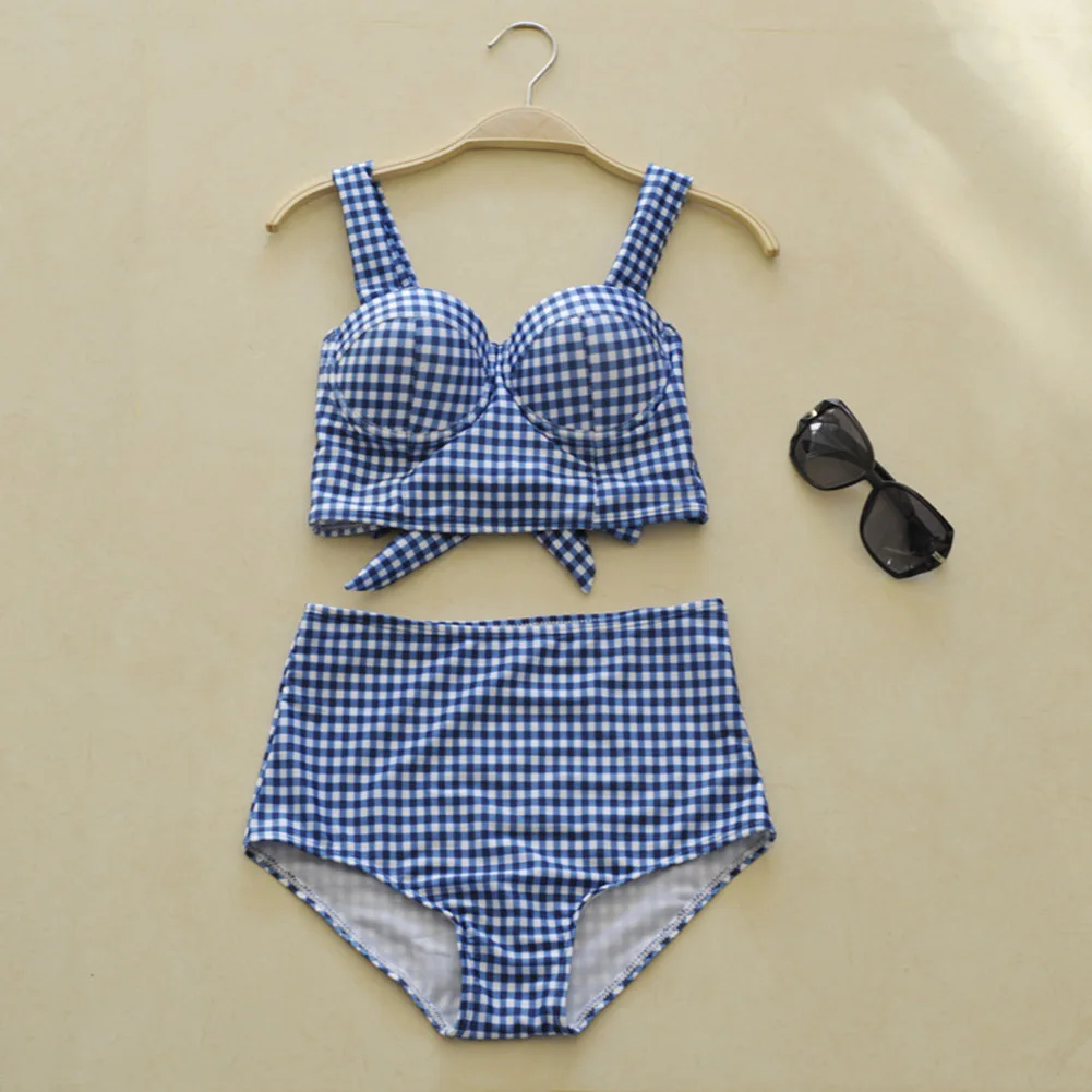 

Ladies Split Swimwear Set Grid Printed Bikini High Waist Briefs Swimsuits for Beach MC889
