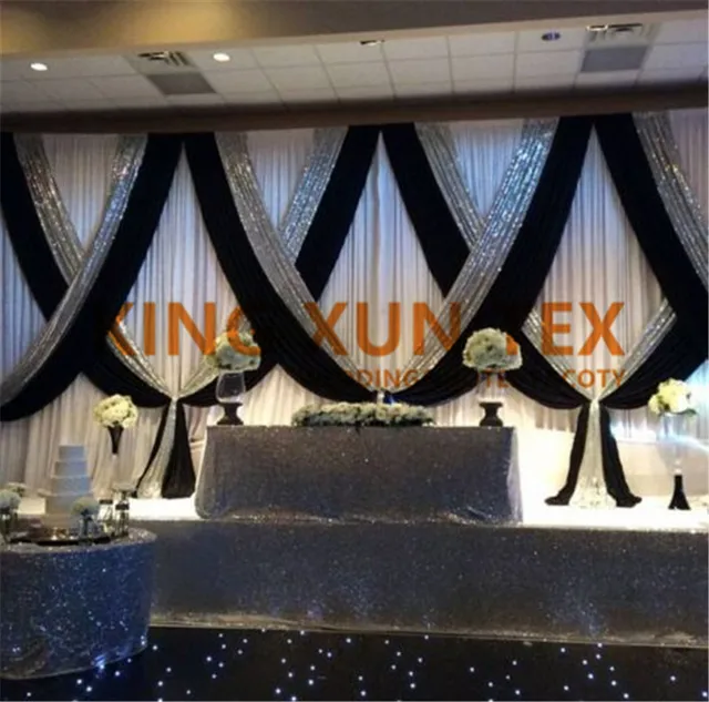 3m 6m Whole Price White Wedding Backdrop Curtain With Black 3m 6m Whole Price White Wedding Backdrop Curtain With Black Color Silver Sequin Drape Swag Valance Decoration