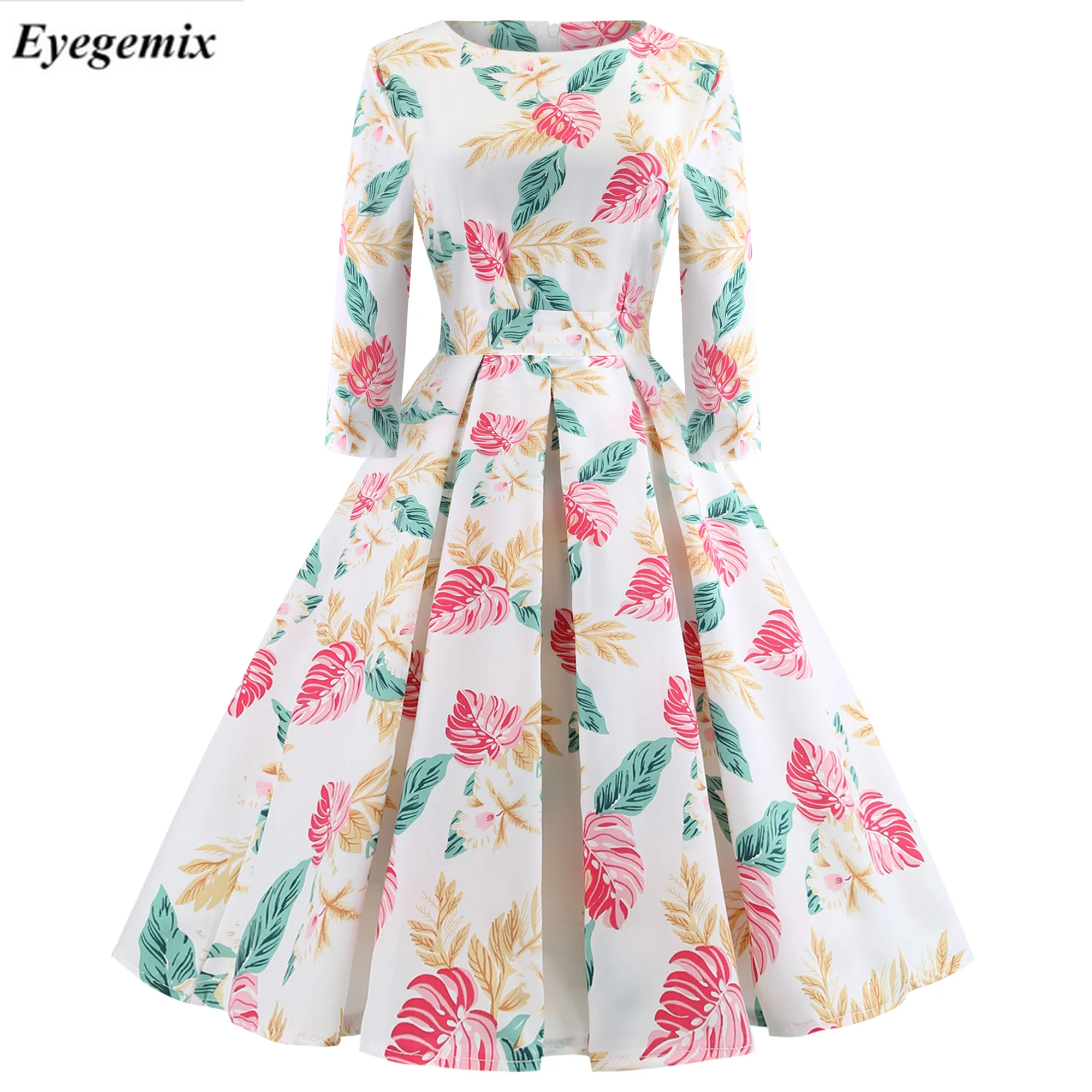 

Casual Women Big Swing Dress O-Neck 3/4 Sleeve Floral Print Dresses Spring Autumn Hepburn Vintage Dress Plus Size S-2XL