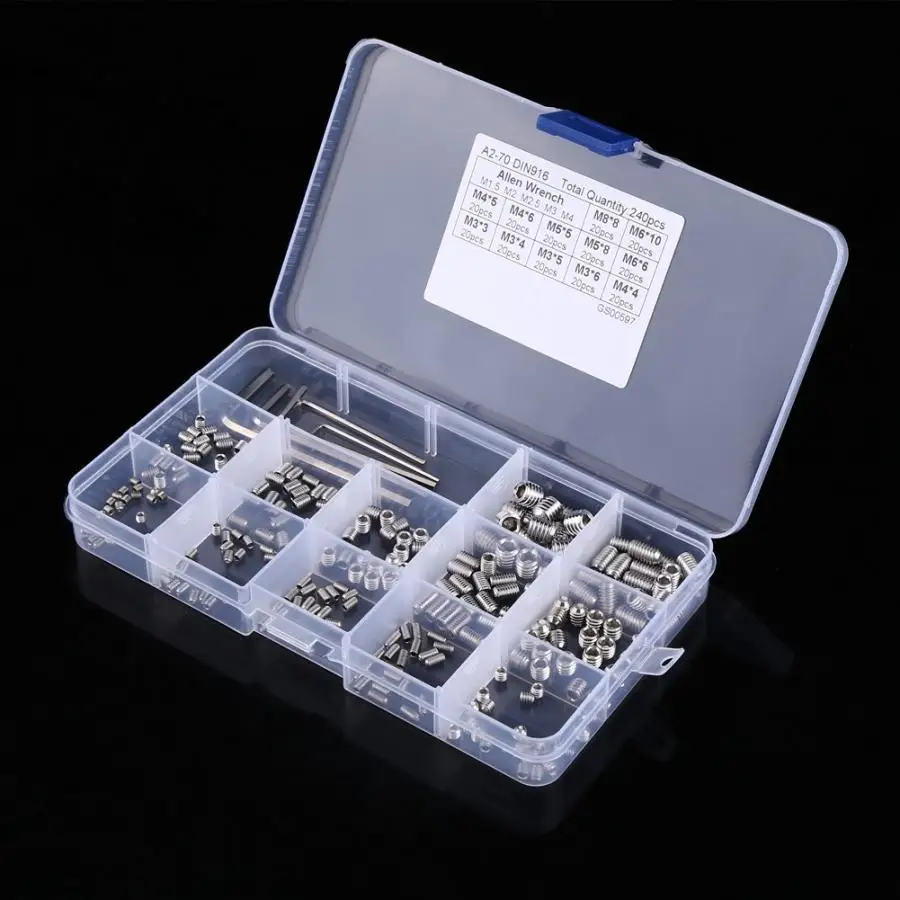 

240Pcs/set Cup Point Screw Hex Socket Set Screws Grub Screw Assortment Kit M3/M4/M5/M6/M8