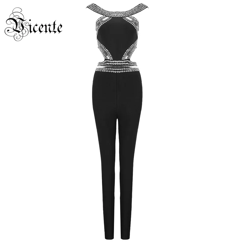 

Vicente HOT Chic Diaminds Embellished Sexy Off The Shoulder Hollow Out Lace-up Wholesale Celebrity Party Bandage Jumpsuit